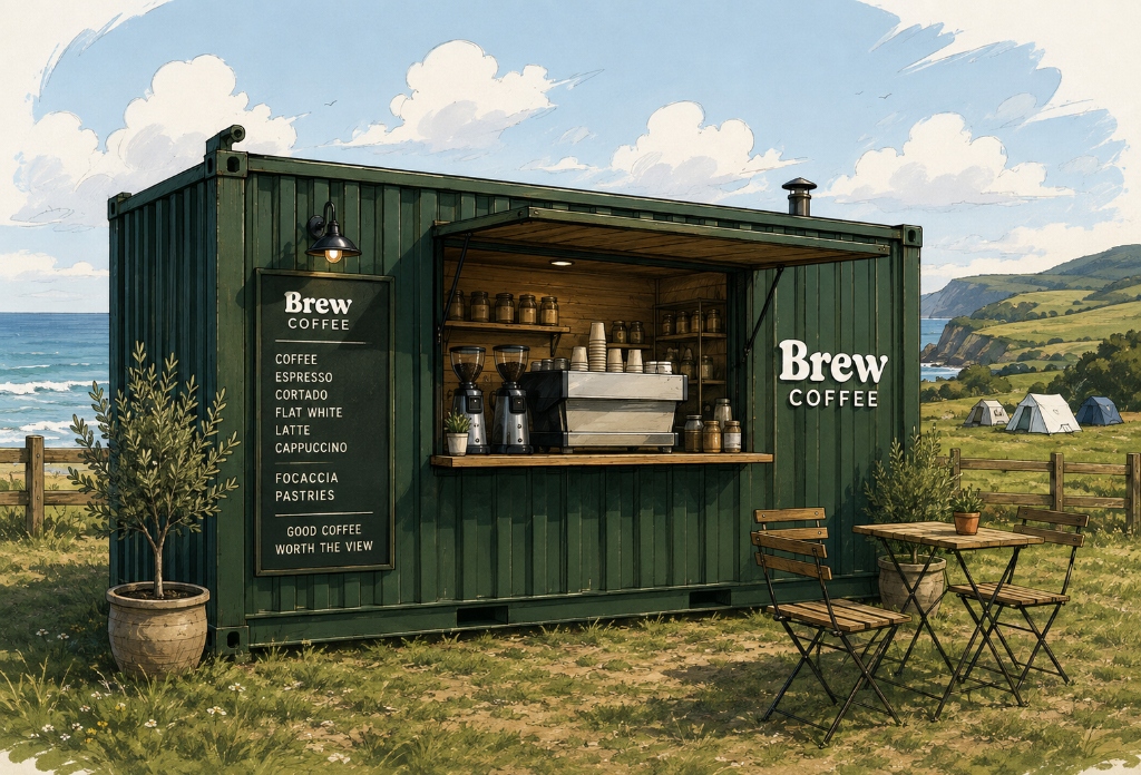 Concept visual of the Brew shipping container coffee bar with outdoor seating and coastal view